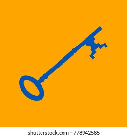 Vintage key sign. Vector. Medium teal blue icon on orange background.