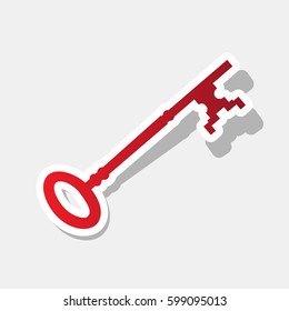 Vintage key sign. Vector. New year reddish icon with outside stroke and gray shadow on light gray background.