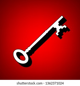 Vintage key sign. Vector. Perspective view of white icon with black outline at reddish background.