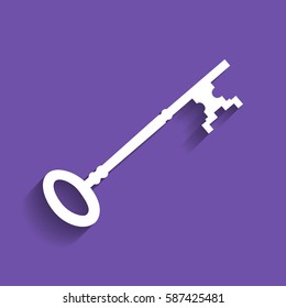 Vintage key sign. Vector. White icon with soft shadow on grape violet background.