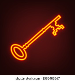 Vintage key sign. Yellow, orange, red neon icon at dark reddish background. Illumination. Illustration.