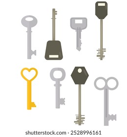 Vintage key silhouettes. Chest secret keys graphics, ornate victorian room antique clef icons, old clue skeleton objects isolated on white