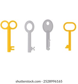 Vintage key silhouettes. Chest secret keys graphics, ornate victorian room antique clef icons, old clue skeleton objects isolated on white