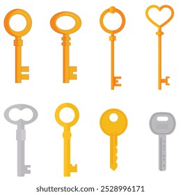 Vintage key silhouettes. Chest secret keys graphics, ornate victorian room antique clef icons, old clue skeleton objects isolated on white