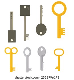 Vintage key silhouettes. Chest secret keys graphics, ornate victorian room antique clef icons, old clue skeleton objects isolated on white