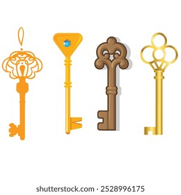 Vintage key silhouettes. Chest secret keys graphics, ornate victorian room antique clef icons, old clue skeleton objects isolated on white