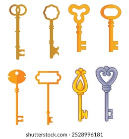 Vintage key silhouettes. Chest secret keys graphics, ornate victorian room antique clef icons, old clue skeleton objects isolated on white