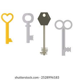 Vintage key silhouettes. Chest secret keys graphics, ornate victorian room antique clef icons, old clue skeleton objects isolated on white