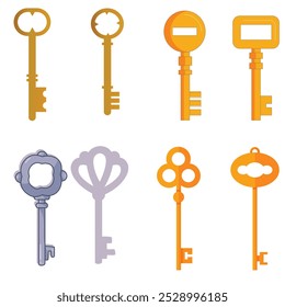 Vintage key silhouettes. Chest secret keys graphics, ornate victorian room antique clef icons, old clue skeleton objects isolated on white