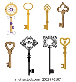 Vintage key silhouettes. Chest secret keys graphics, ornate victorian room antique clef icons, old clue skeleton objects isolated on white