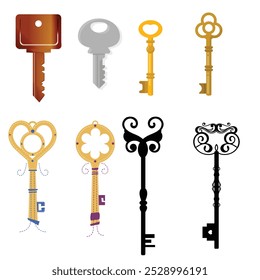 Vintage key silhouettes. Chest secret keys graphics, ornate victorian room antique clef icons, old clue skeleton objects isolated on white