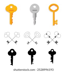 Vintage key silhouettes. Chest secret keys graphics, ornate victorian room antique clef icons, old clue skeleton objects isolated on white