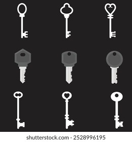 Vintage key silhouettes. Chest secret keys graphics, ornate victorian room antique clef icons, old clue skeleton objects isolated on white