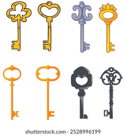 Vintage key silhouettes. Chest secret keys graphics, ornate victorian room antique clef icons, old clue skeleton objects isolated on white