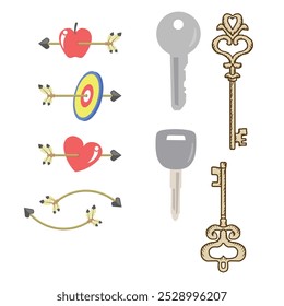 Vintage key silhouettes. Chest secret keys graphics, ornate victorian room antique clef icons, old clue skeleton objects isolated on white