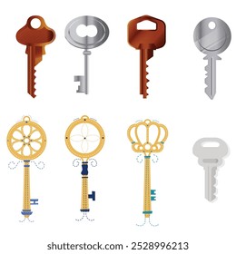 Vintage key silhouettes. Chest secret keys graphics, ornate victorian room antique clef icons, old clue skeleton objects isolated on white