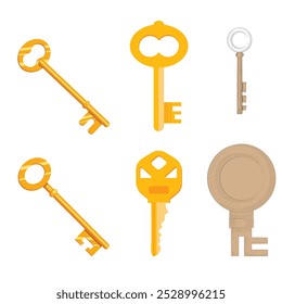 Vintage key silhouettes. Chest secret keys graphics, ornate victorian room antique clef icons, old clue skeleton objects isolated on white