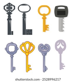 Vintage key silhouettes. Chest secret keys graphics, ornate victorian room antique clef icons, old clue skeleton objects isolated on white