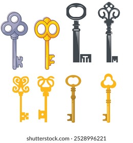 Vintage key silhouettes. Chest secret keys graphics, ornate victorian room antique clef icons, old clue skeleton objects isolated on white