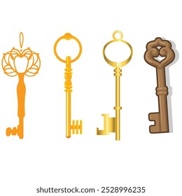 Vintage key silhouettes. Chest secret keys graphics, ornate victorian room antique clef icons, old clue skeleton objects isolated on white