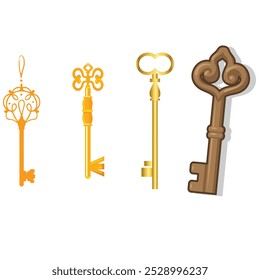 Vintage key silhouettes. Chest secret keys graphics, ornate victorian room antique clef icons, old clue skeleton objects isolated on white