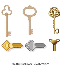 Vintage key silhouettes. Chest secret keys graphics, ornate victorian room antique clef icons, old clue skeleton objects isolated on white