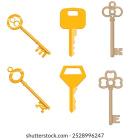 Vintage key silhouettes. Chest secret keys graphics, ornate victorian room antique clef icons, old clue skeleton objects isolated on white