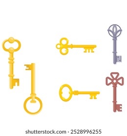 Vintage key silhouettes. Chest secret keys graphics, ornate victorian room antique clef icons, old clue skeleton objects isolated on white