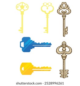 Vintage key silhouettes. Chest secret keys graphics, ornate victorian room antique clef icons, old clue skeleton objects isolated on white