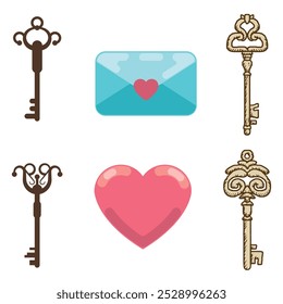 Vintage key silhouettes. Chest secret keys graphics, ornate victorian room antique clef icons, old clue skeleton objects isolated on white