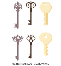 Vintage key silhouettes. Chest secret keys graphics, ornate victorian room antique clef icons, old clue skeleton objects isolated on white