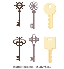 Vintage key silhouettes. Chest secret keys graphics, ornate victorian room antique clef icons, old clue skeleton objects isolated on white