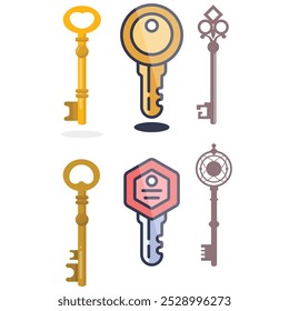 Vintage key silhouettes. Chest secret keys graphics, ornate victorian room antique clef icons, old clue skeleton objects isolated on white