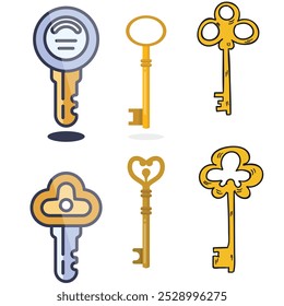 Vintage key silhouettes. Chest secret keys graphics, ornate victorian room antique clef icons, old clue skeleton objects isolated on white