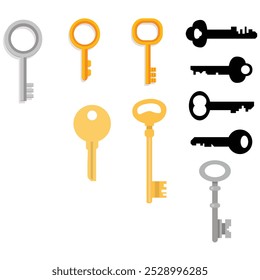 Vintage key silhouettes. Chest secret keys graphics, ornate victorian room antique clef icons, old clue skeleton objects isolated on white