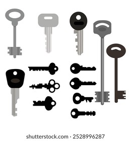 Vintage key silhouettes. Chest secret keys graphics, ornate victorian room antique clef icons, old clue skeleton objects isolated on white