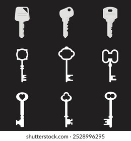 Vintage key silhouettes. Chest secret keys graphics, ornate victorian room antique clef icons, old clue skeleton objects isolated on white