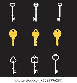 Vintage key silhouettes. Chest secret keys graphics, ornate victorian room antique clef icons, old clue skeleton objects isolated on white