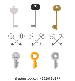 Vintage key silhouettes. Chest secret keys graphics, ornate victorian room antique clef icons, old clue skeleton objects isolated on white