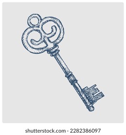 Vintage key sketch obsolete blue style vector illustration. Old hand drawn azure engraving imitation.