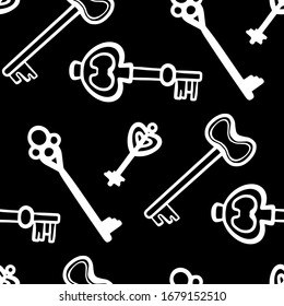 Vintage key vector seamless pattern. Keys in hand draw style. Black and white.