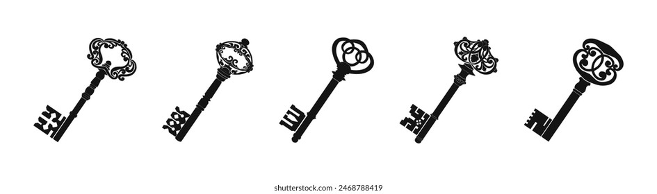 Vintage key vector silhouette. Old keys flat black set.