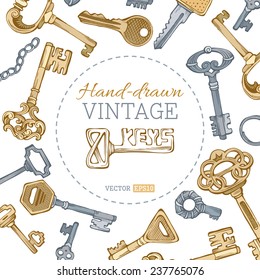 Vintage keys background. Gold and silver vintage keys on white background. There is place for your text in the center. 