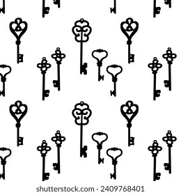 vintage keys background in silhouettes. Vector illustration on white background. Seamless pattern. 