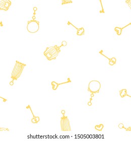 Vintage keys and birdcages seamless pattern. Retro objects of gold pendants. Vector Golden Silhouettes on a white background in a simple cartoon style. Ideal for printing fabric and paper