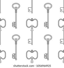 Vintage keys. Black and white seamless pattern for coloring books, pages. Vector