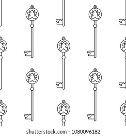Vintage keys. Black and white seamless pattern for coloring books, pages. Vector