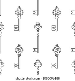 Vintage keys. Black and white seamless pattern for coloring books, pages. Vector