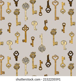 Vintage keys, bronze, gold, silver. Drawing on a transparent background. Choose your own background color. Pattern, desktop wallpaper, pattern on fabric, background. Vector pattern.