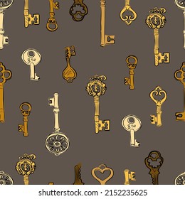 Vintage keys, bronze, gold, silver. Drawing on a transparent background. Choose your own background color. Pattern, desktop wallpaper, pattern on fabric, background. Vector pattern.